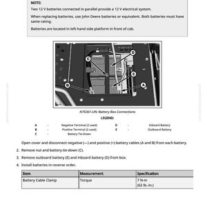 May include: Diagram showing battery replacement instructions, with labels for terminals, batteries, and tie-downs. Includes a table with torque specifications for the battery cable clamp, measured at 7 N-m (62 lb.-in.).