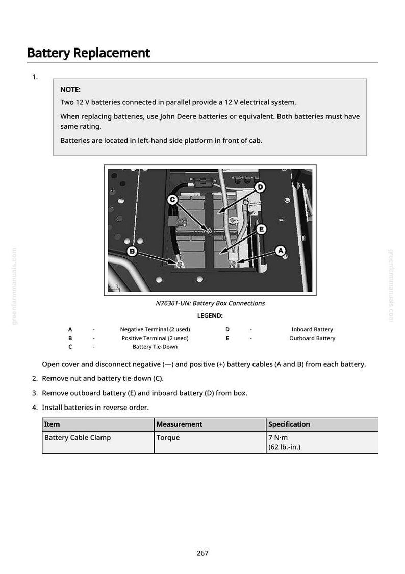 May include: Diagram showing battery replacement instructions, with labels for terminals, batteries, and tie-downs. Includes a table with torque specifications for the battery cable clamp, measured at 7 N-m (62 lb.-in.).