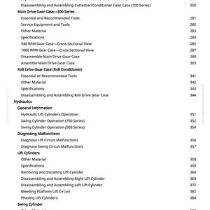 May include: A detailed table of contents from a manual, with various sections and page numbers. Topics include gear cases, hydraulics, and lift cylinders. The text is in black on a white background.