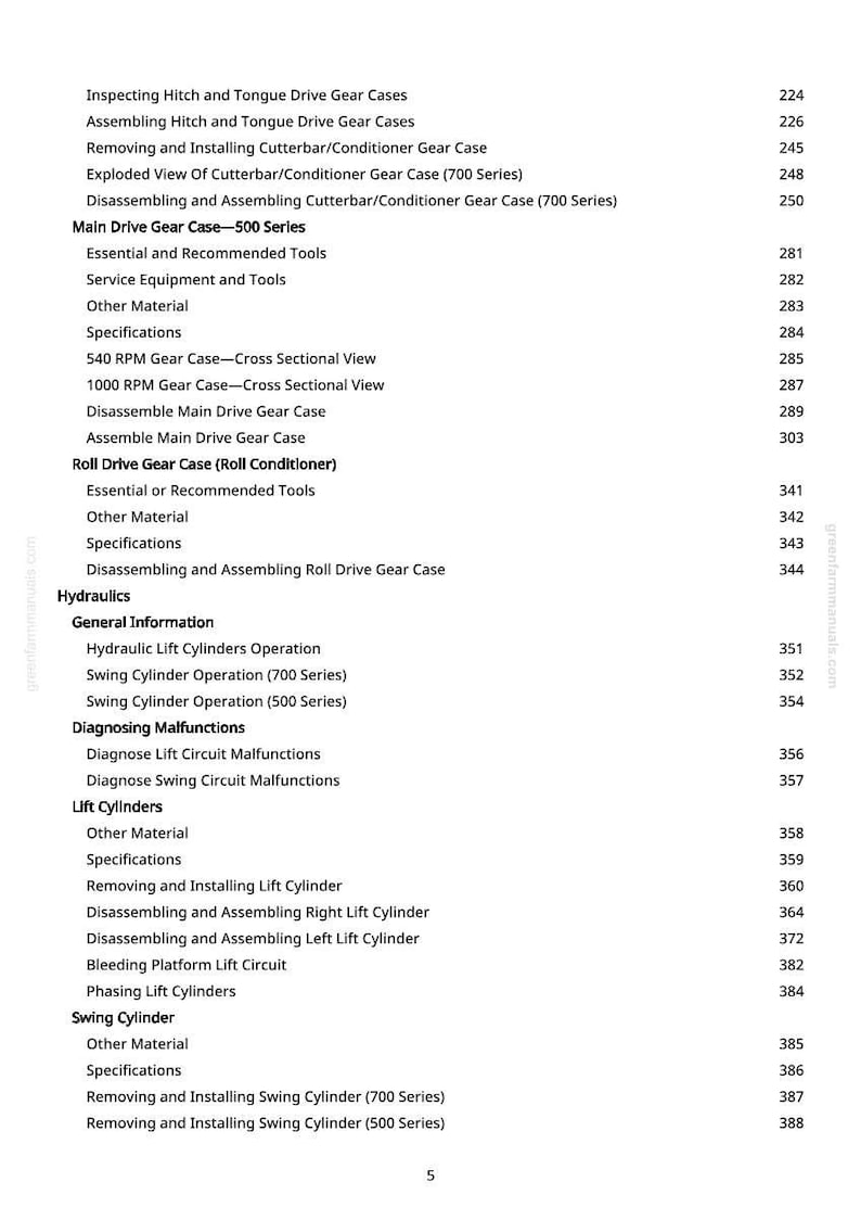 May include: A detailed table of contents from a manual, with various sections and page numbers. Topics include gear cases, hydraulics, and lift cylinders. The text is in black on a white background.