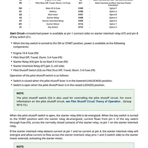 May include: A page from a manual with a legend of electrical components, including fuses, relays, and switches. The text describes the start circuit and the function of the pilot shutoff switch.