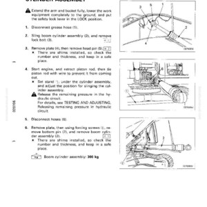 May include: A page from a manual detailing the disassembly and assembly of a boom cylinder assembly. The text includes instructions and diagrams with numbered steps and component labels. The boom cylinder assembly weighs 300 kg.