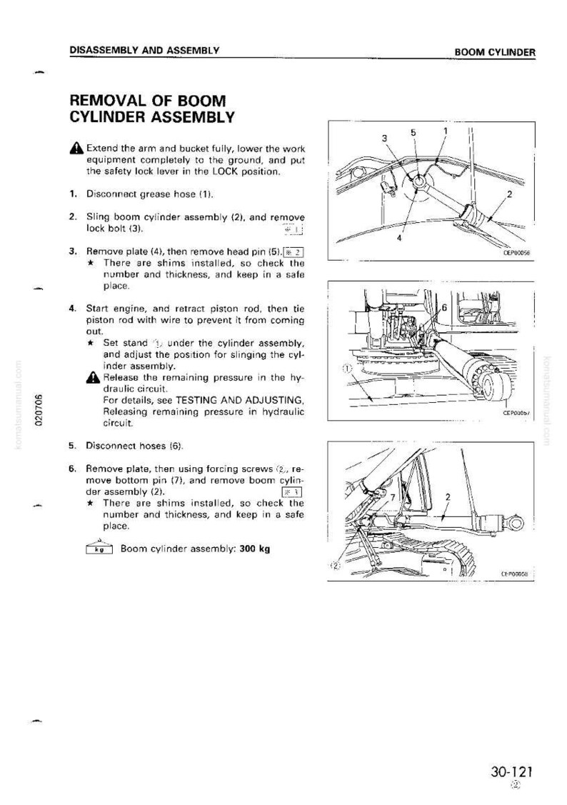 May include: A page from a manual detailing the disassembly and assembly of a boom cylinder assembly. The text includes instructions and diagrams with numbered steps and component labels. The boom cylinder assembly weighs 300 kg.