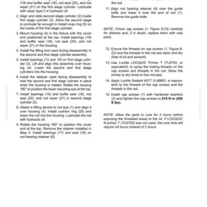 May include: Assembly instructions for a cylinder, detailing the installation of seals, bearings, and other components. Includes steps for aligning and securing parts, with torque specifications in ft lbs. The manual also provides notes on thread cleaning and curing times.