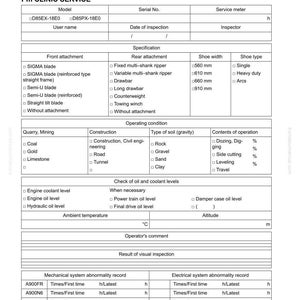 May include: A detailed service document titled "Pm CLINIC SERVICE" with multiple sections. It includes specifications, operating conditions, and records for mechanical and electrical systems. The document features tables and checkboxes for data entry.