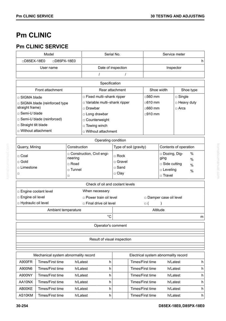 May include: A detailed service document titled "Pm CLINIC SERVICE" with multiple sections. It includes specifications, operating conditions, and records for mechanical and electrical systems. The document features tables and checkboxes for data entry.