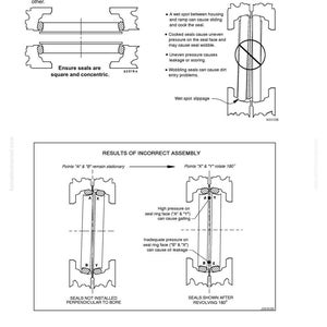 May include: Diagram of a wet disc brake assembly with detailed illustrations. The image includes labeled diagrams showing correct alignment, potential issues like leakage, and incorrect assembly results. Text includes instructions and warnings.
