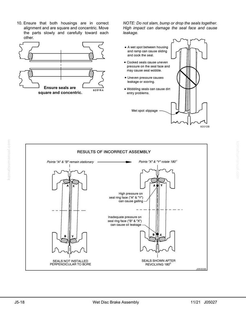 May include: Diagram of a wet disc brake assembly with detailed illustrations. The image includes labeled diagrams showing correct alignment, potential issues like leakage, and incorrect assembly results. Text includes instructions and warnings.