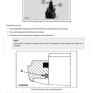 May include: Diagram of a steering valve assembly with labels A and B, and the text "L106751". The image includes instructions for installing a seal ring, and a cross-sectional view of the valve.
