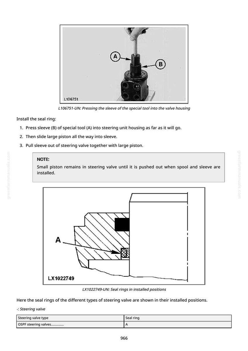 May include: Diagram of a steering valve assembly with labels A and B, and the text "L106751". The image includes instructions for installing a seal ring, and a cross-sectional view of the valve.