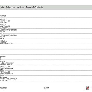 Op de afbeelding: Een wit document getiteld "Inhaltsverzeichnis / Table des mati&egrave;res / Table of Contents" met een gedetailleerde lijst van service- en motoronderdelen. Het document bevat paginanummers en is van Weidemann.