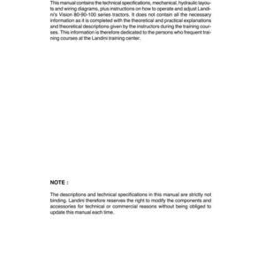 May include: A white printed manual with the title "PREFACE" at the top. The text describes technical specifications, instructions, and diagrams for Landini Vision 80-90-100 series tractors. The bottom of the page includes "PRE-SALE SERVICE" and the date September 2003.