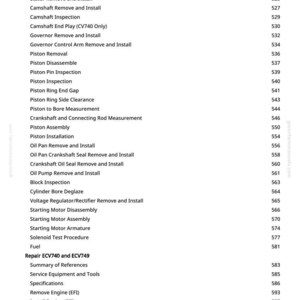 May include: A white page with a list of engine repair procedures and page numbers. The text includes terms like "Piston Removal," "Camshaft Inspection," and "Starting Motor Assembly." The website address greenfarmmanuals.com is visible.