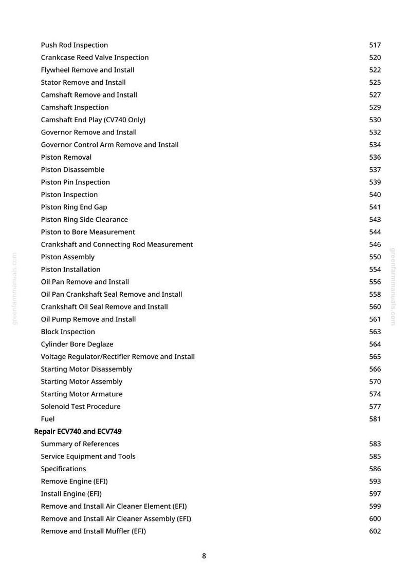 May include: A white page with a list of engine repair procedures and page numbers. The text includes terms like "Piston Removal," "Camshaft Inspection," and "Starting Motor Assembly." The website address greenfarmmanuals.com is visible.
