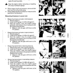 May include: A black and white technical diagram titled "MEASURING OIL PRESSURE" with instructions and diagrams for measuring oil pressure in a power train. Includes diagrams of engine components and gauge readings.