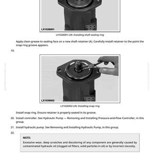K&ouml;nnte beinhalten: Technische Zeichnung eines mechanischen Bauteils mit dem Text "LX1026001-UN: Installing shaft sealing ring". Das Bild zeigt detaillierte Installationsanweisungen.