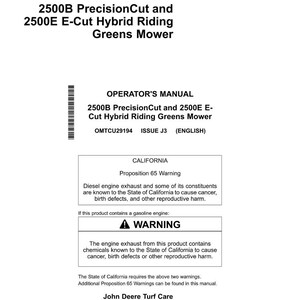 Puede incluir: Un documento blanco con el texto "2500B PrecisionCut and 2500E E-Cut Hybrid Riding Greens Mower". Es un manual del operador para un producto John Deere Turf Care, incluyendo una advertencia de la Proposici&oacute;n 65.