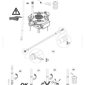 Op de afbeelding: Technische tekening van Komatsu machineonderdelen. De afbeelding toont verschillende componenten, waaronder staven, een cilindrisch onderdeel en een centraal motoronderdeel. Er zijn ook waarschuwingssymbolen en montage-instructies aanwezig.