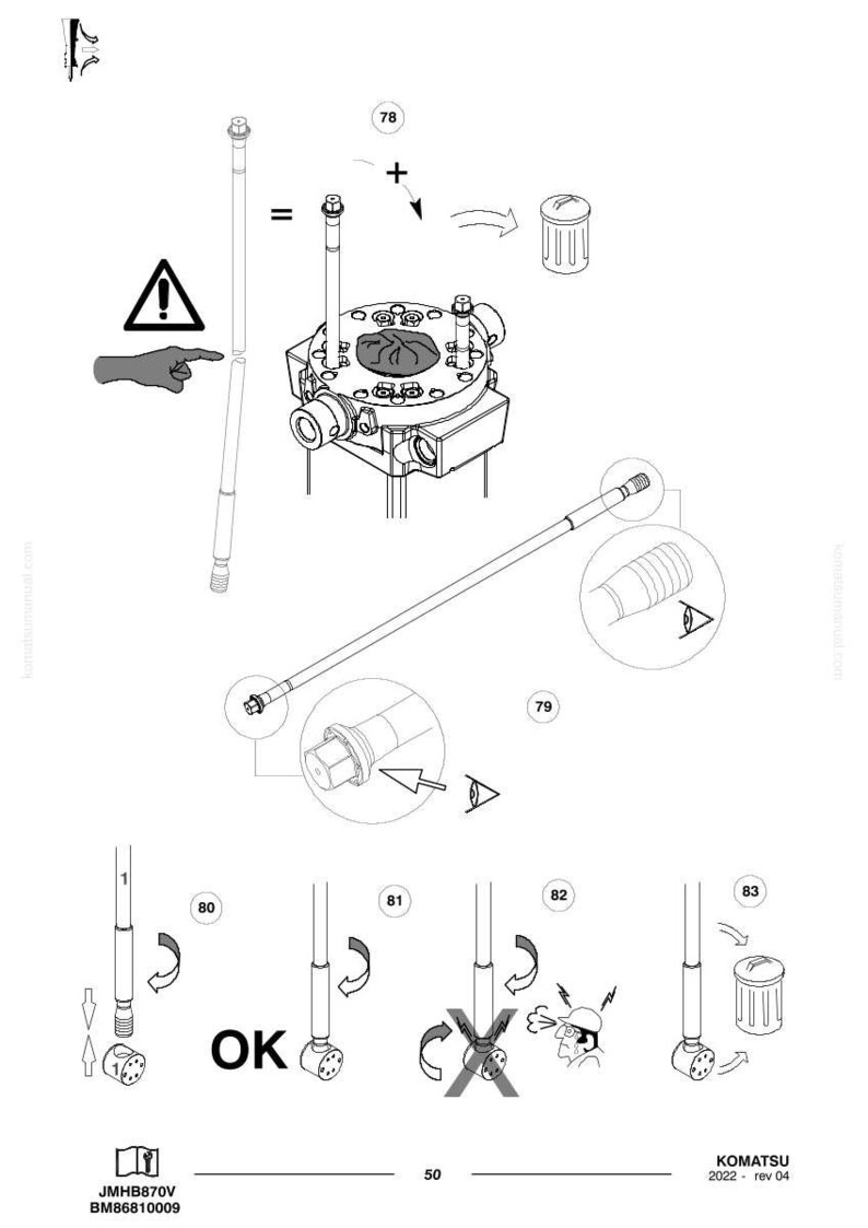 Op de afbeelding: Technische tekening van Komatsu machineonderdelen. De afbeelding toont verschillende componenten, waaronder staven, een cilindrisch onderdeel en een centraal motoronderdeel. Er zijn ook waarschuwingssymbolen en montage-instructies aanwezig.