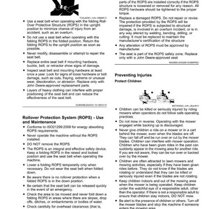 Peut inclure: Page de consignes de s&eacute;curit&eacute; avec du texte sur l'utilisation de la ceinture de s&eacute;curit&eacute;, la protection contre le retournement et la pr&eacute;vention des blessures, y compris des avertissements concernant les enfants et les tondeuses.