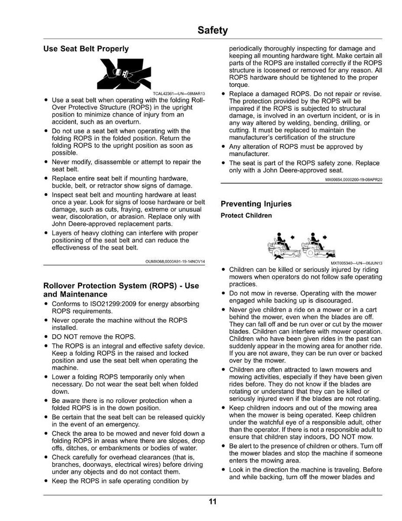Peut inclure: Page de consignes de s&eacute;curit&eacute; avec du texte sur l'utilisation de la ceinture de s&eacute;curit&eacute;, la protection contre le retournement et la pr&eacute;vention des blessures, y compris des avertissements concernant les enfants et les tondeuses.