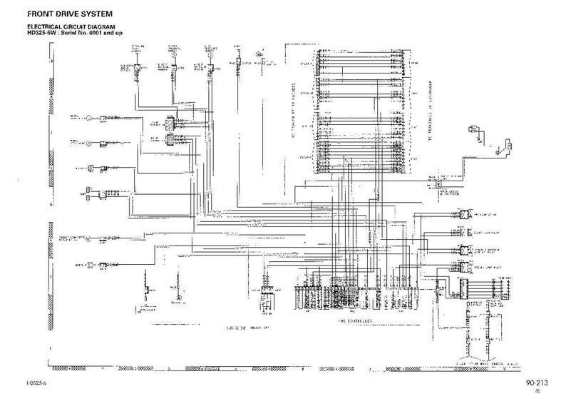 May include: A detailed electrical circuit diagram for the front drive system, labeled "HD325-6W: Serial No. 0001 and up." The diagram is a complex network of lines, symbols, and text, presented in black and white.