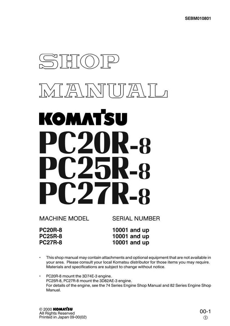 Pu&ograve; includere: Un manuale di officina bianco con testo nero. Il titolo "SHOP MANUAL" &egrave; in alto, con il logo Komatsu e "PC20R-8, PC25R-8, PC27R-8" sotto. Include informazioni sul modello della macchina e il numero di serie.