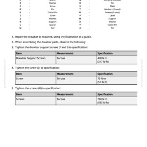 Puede incluir: Un diagrama t&eacute;cnico detallado con una leyenda, instrucciones y especificaciones para la reparaci&oacute;n de la barra de tiro. Incluye mediciones de par en Newton-metros (N-m) y libras-pie (lb-ft) para tornillos y otros componentes. Fuente: greenfarmmanuals.com.