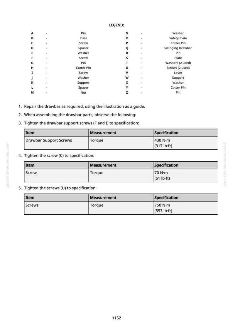 Puede incluir: Un diagrama t&eacute;cnico detallado con una leyenda, instrucciones y especificaciones para la reparaci&oacute;n de la barra de tiro. Incluye mediciones de par en Newton-metros (N-m) y libras-pie (lb-ft) para tornillos y otros componentes. Fuente: greenfarmmanuals.com.