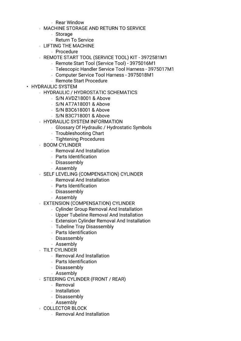 May include: A detailed technical document with a list of procedures and schematics for machine maintenance and repair. The document includes sections on hydraulic systems, boom cylinders, and extension cylinders, with specific part numbers and serial numbers.