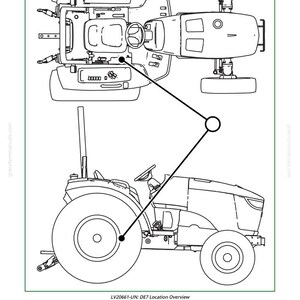 Pu&ograve; includere: Disegno a tratto di un trattore, con vista dall'alto e laterale. L'immagine include un volante, un sedile e ruote. Il testo in basso recita "LV20661-UN: DE7 Location Overview" e "1904".