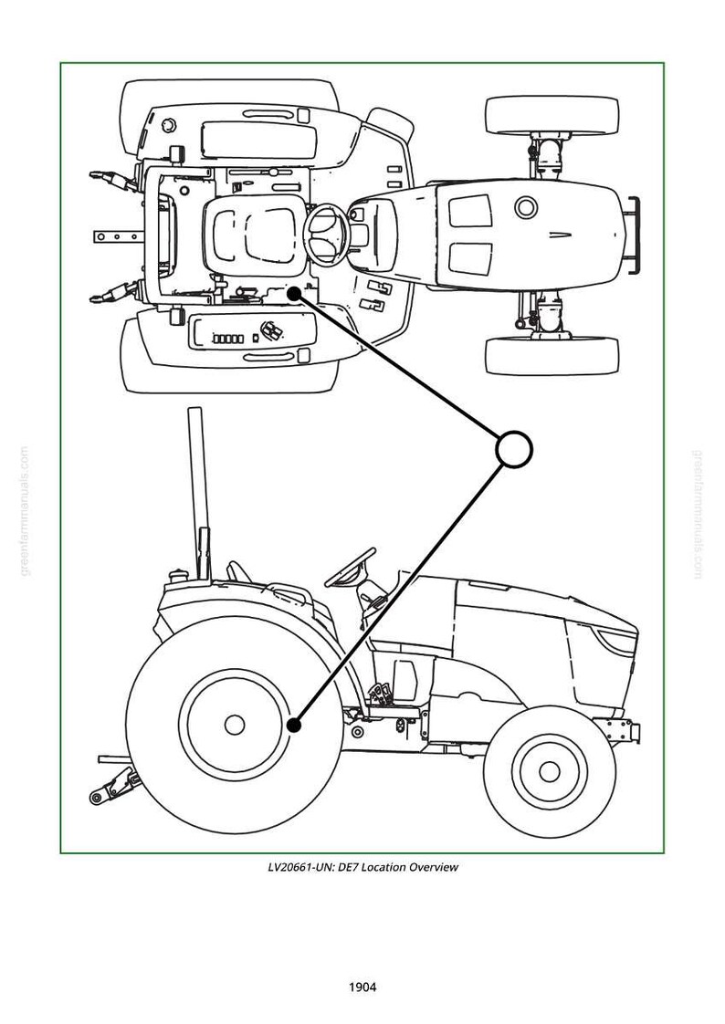 Pu&ograve; includere: Disegno a tratto di un trattore, con vista dall'alto e laterale. L'immagine include un volante, un sedile e ruote. Il testo in basso recita "LV20661-UN: DE7 Location Overview" e "1904".