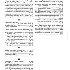 May include: An index page from a manual, featuring troubleshooting topics and system components. The text is in black on a white background, with page numbers and section references. The document appears to be for machinery.