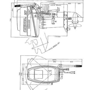 Op de afbeelding: Technische tekening van een Yanmar Diesel 27 scheepsmotor, met gedetailleerde buitenaanzichten en afmetingen in millimeters. Het diagram bevat afmetingen, hoeken en labels voor verschillende motoronderdelen, met de tekst "DIESEL 27" en "YANMAR".