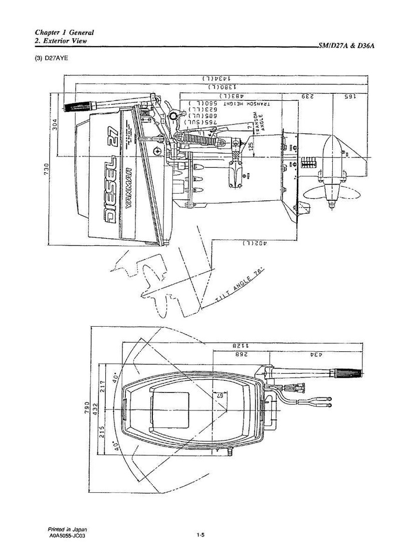 Op de afbeelding: Technische tekening van een Yanmar Diesel 27 scheepsmotor, met gedetailleerde buitenaanzichten en afmetingen in millimeters. Het diagram bevat afmetingen, hoeken en labels voor verschillende motoronderdelen, met de tekst "DIESEL 27" en "YANMAR".