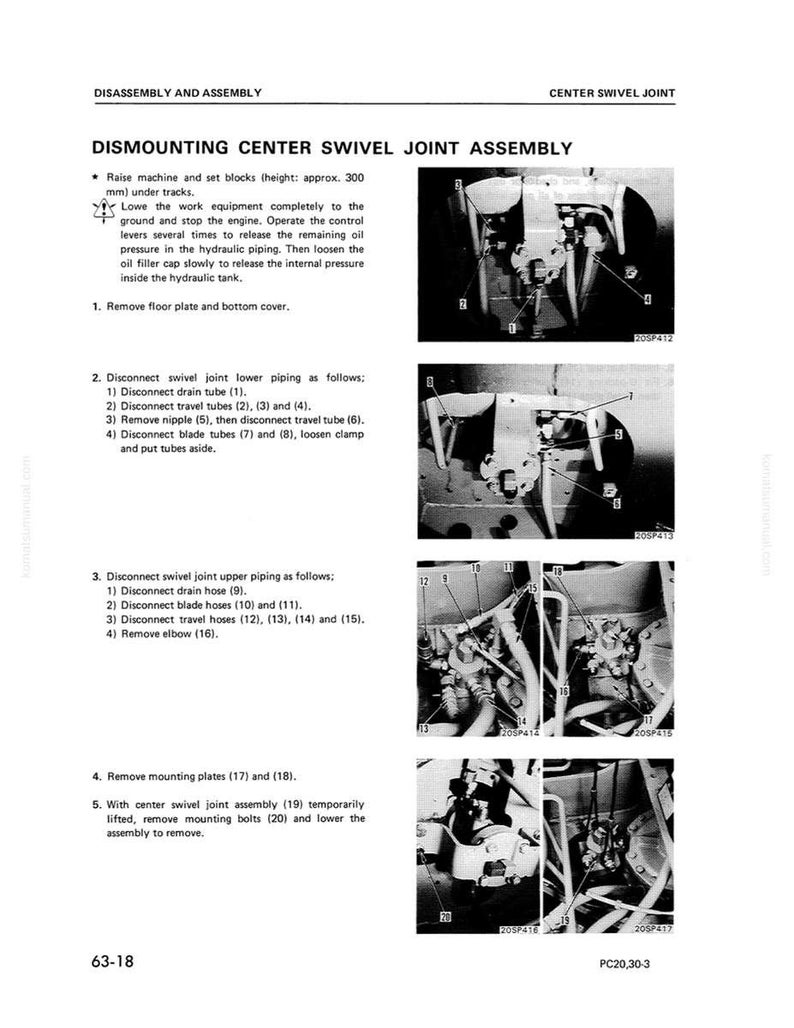 May include: Diagram of a center swivel joint assembly dismounting procedure. The image includes step-by-step instructions with numbered steps and corresponding diagrams. The text includes measurements in millimeters.