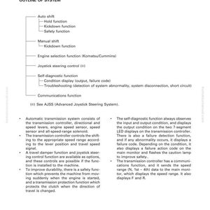 Op de afbeelding: Diagram van een automatische transmissiesysteem (ATM) met een overzicht van het systeem, inclusief automatische en handmatige schakelfuncties. De tekst geeft details over de componenten en werking.