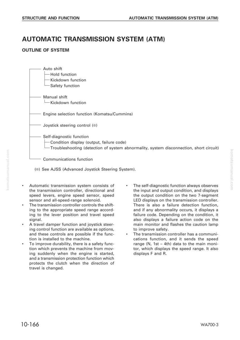 Op de afbeelding: Diagram van een automatische transmissiesysteem (ATM) met een overzicht van het systeem, inclusief automatische en handmatige schakelfuncties. De tekst geeft details over de componenten en werking.