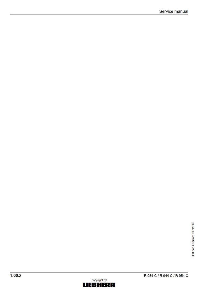 May include: A white service manual with the text "Service manual" at the top. The bottom of the page includes the text "1.00.2", "copyright by LIEBHERR", and "R 934 C / R 944 C / R 954 C". The right side of the page has the text "LFR / en / Edition: 01 / 2019".