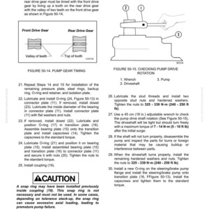 May include: Diagrams and instructions for pump gear timing and checking pump drive rotation. Includes illustrations of front and rear drive gears, a wrench, driveshaft, and pump. Text includes torque specifications in foot-pounds.