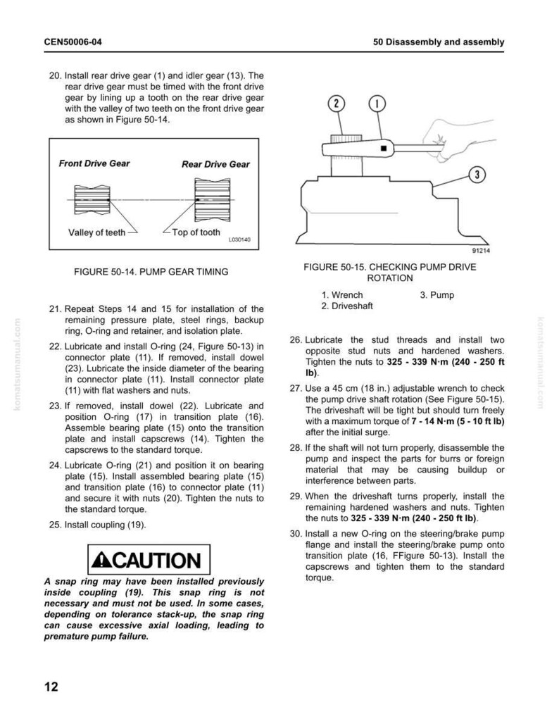 May include: Diagrams and instructions for pump gear timing and checking pump drive rotation. Includes illustrations of front and rear drive gears, a wrench, driveshaft, and pump. Text includes torque specifications in foot-pounds.