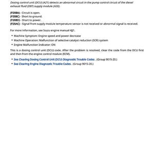 May include: A white document with black text detailing diagnostic trouble codes related to a diesel engine's urea fluid pump control circuit. The document includes troubleshooting steps and code descriptions.