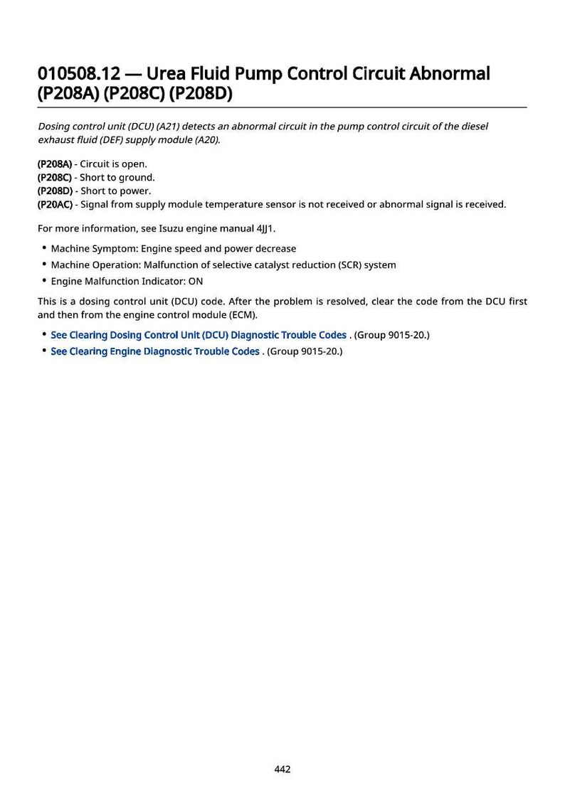 May include: A white document with black text detailing diagnostic trouble codes related to a diesel engine's urea fluid pump control circuit. The document includes troubleshooting steps and code descriptions.
