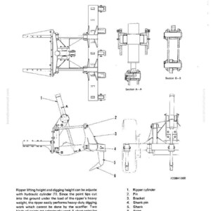 May include: Diagram of a rear mount ripper, a heavy-duty digging tool, with multiple views and labels. Includes sections A-A and B-B, and a list of parts: ripper cylinder, pin, bracket, shank pin, shank, and point. Text includes "REAR MOUNT RIPPER (if equipped)".