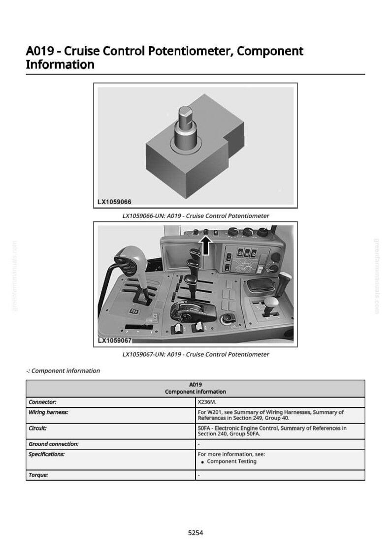 Puede incluir: Diagrama de un potenci&oacute;metro de control de crucero, etiquetado A019, con una base rectangular gris y una parte superior cil&iacute;ndrica. La imagen incluye un primer plano y un diagrama de la ubicaci&oacute;n del componente.