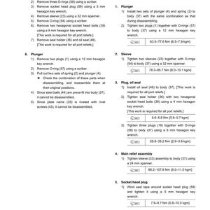 May include: A page from a manual detailing the disassembly and assembly of a control valve. Instructions include removing plugs, O-rings, and sleeves, with torque specifications in Newton meters and kilogram-meters. The EX50 Series is referenced.