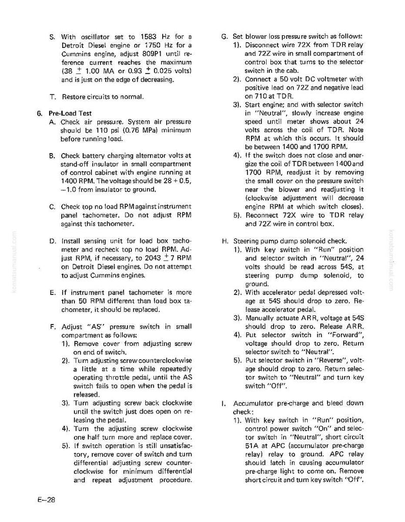 May include: A page from a manual with troubleshooting steps for a Detroit Diesel engine. The text includes instructions for pre-load tests, adjusting pressure switches, and checking voltage. The page is white with black text.