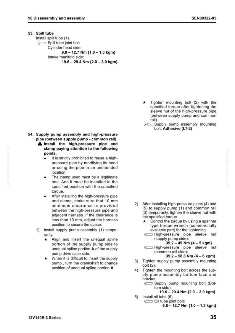 May include: Diagram of a vehicle engine's disassembly and assembly instructions. Includes torque specifications in Newton-meters and kilogram-meters for various components like spill tubes and supply pump bolts. The image is from the 12V140E-3 Series.