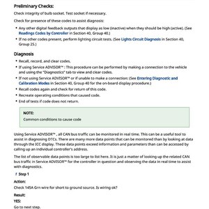 May include: A page from a manual with diagnostic instructions. Text includes preliminary checks, diagnosis steps, and notes on using Service ADVISOR for CAN bus traffic monitoring. Includes a wiring check step.