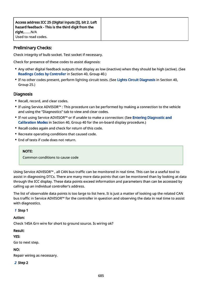 May include: A page from a manual with diagnostic instructions. Text includes preliminary checks, diagnosis steps, and notes on using Service ADVISOR for CAN bus traffic monitoring. Includes a wiring check step.